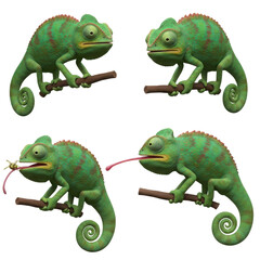 Obraz premium 3D cartoon chameleon character set on a branch. Collection of cute green lizards with curly tails and long tongues. Color-changing reptile mascot isolated on transparent background.
