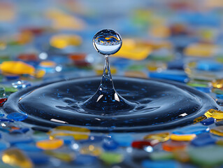 A captivating macro shot of a water droplet collision, showcasing ripples and colorful background elements.