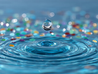 Captivating water drop collision with vibrant bokeh, creating mesmerizing ripples and a sense of serene beauty.