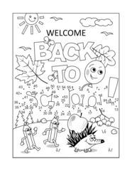 Gordijnen "Welcome Back to School!" greeting dot-to-dot activity sheet and coloring page, poster, sign or banner black and white activity sheet   © ratselmeister