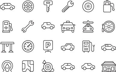 Collection of simple line icons representing car services, parts, and transportation