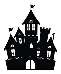 Spooky haunted castle silhouette with towers, flags, and windows on a Halloween night. Vector cartoon illustration