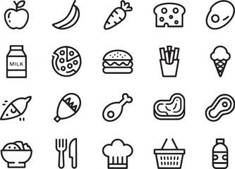 A comprehensive collection of high-quality vector line icons illustrating various foods, cooking ingredients, and grocery items for restaurant or diet-related projects