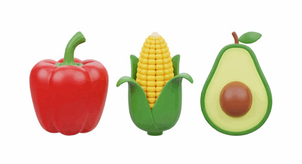 Set of 3D Vegetables and fruits 3d vector cartoon icon set. Pepper, corn, avocado,

