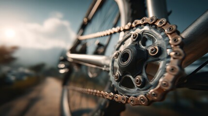 A close-up view of a bicycle chain and sprocket, highlighting the intricate mechanics and the bike's design against a blurred natural background.