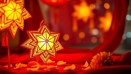 Golden star lanterns glowing against red silk, with scattered chrysanthemum petals for a festive touch.