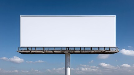 A billboard with a blank white space against a bright blue, cloudy sky