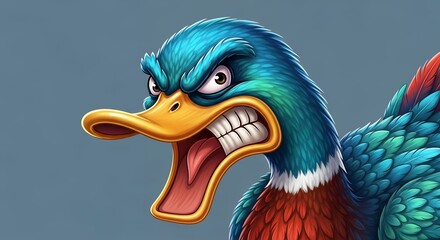 Aggressive Cartoon Angry Bird with Sharp Beak and Fierce Expression in Bright Colors