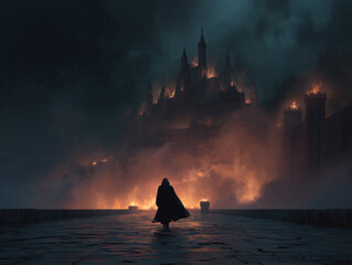 Cloaked figure walking toward castle engulfed in dark flames