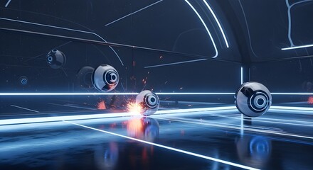 Fototapeta premium Futuristic spherical security drones in a neon-lit digital environment. Advanced AI robotic sentinels in a high-tech cyberspace.