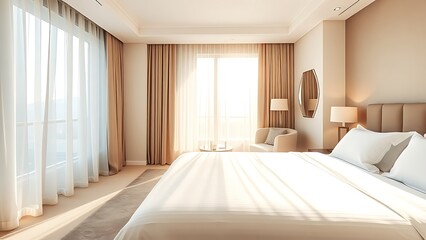 Serene hotel bedroom bathed in morning light, featuring minimalist decor and a neatly made bed.