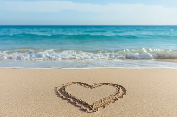 Beach heart drawing, ocean background, romance, travel