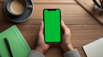 Top-down view of a person using a smartphone with green screen on a wooden desk, surrounded by coffee cup, notebook, and pen, realistic work-from-home setup