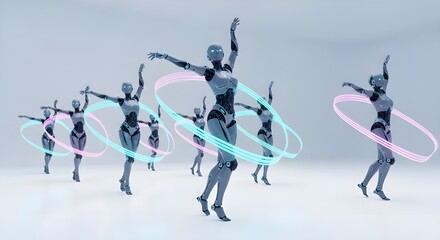 Futuristic gynoid robots in a synchronized dance performance with glowing light rings. Concept of artificial intelligence in entertainment.