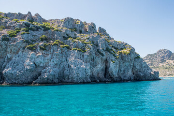 Fototapeta premium Sea and beach in Anthony Quinn bay, Rhodes island, Dodecanese, Greece