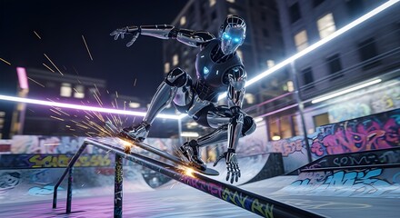 Robotic skateboarder performs a dynamic grind trick on a rail, generating sparks in a futuristic, neon-lit urban environment.