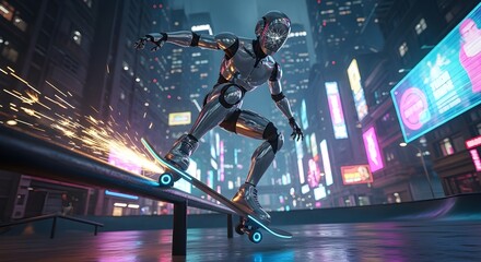 A sleek chrome robot performs a daring skateboarding grind on a rail, set against a futuristic cyberpunk cityscape with vibrant neon lights.