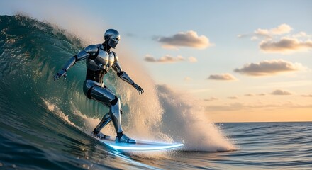 AI robot riding a glowing surfboard on a perfect ocean wave at sunset, a concept of future technology and sports.