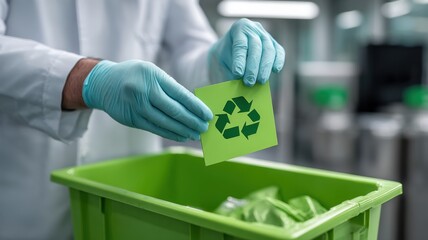 healthcare treatment sustainability. Recycling process with gloves and sign in a green bin.