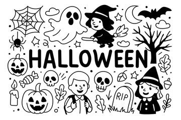 Halloween Themed Illustration with Ghosts, Witches, and Pumpkins for Festive Decor
