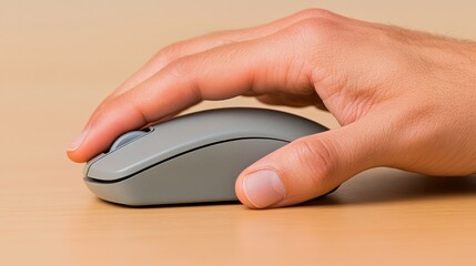 A Close-up Shot of a Hand Using a Gray Computer Mouse on a Wooden Surface