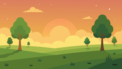 Fototapeta premium Open Meadow with Scattered Trees Under Sunset Light Landscape