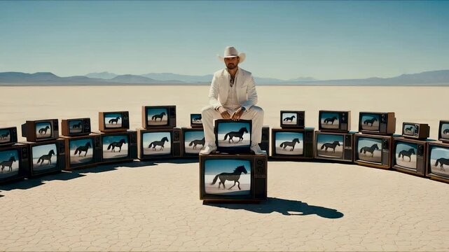 Man in white suit sits inside wide arc of old screens on sandy plain, screens loop running horses, screens curve around horizon, man observes quiet emptiness. Concept media paradox