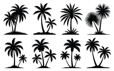 Vector art of silhouette of various palm trees isolated on white background for tropical design