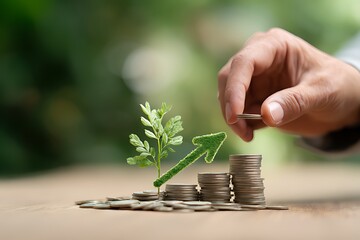 A hand of a businessman is putting coins into a growing plant on a green bokeh background