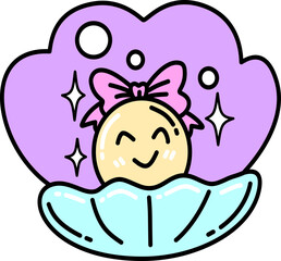 Cute Retro Groovy Pearl with Ribbon in Shell Illustration