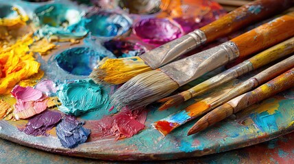 Obraz premium An expressive palette loaded with color and surrounded by brushes represents the freedom and passion of visual art. 