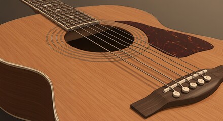 Fototapeta premium Acoustic Wooden Guitar with Tortoise Pickguard and Metal Strings on Brown Background