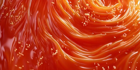 An orange swirling liquid with small particles scattered throughout the viscous substance visible