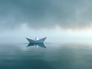 Paper boat floating on calm water, creating a serene and peaceful atmosphere with a misty background.
