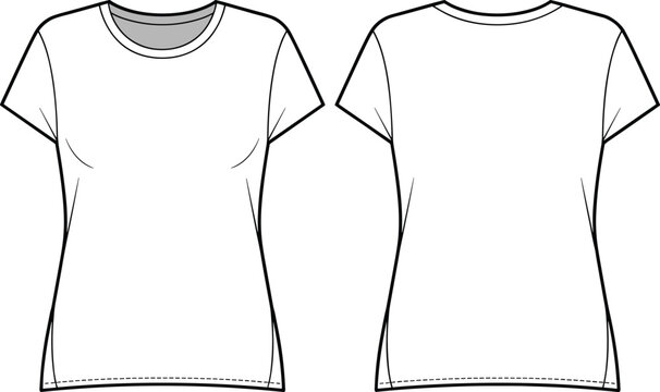 Basic women’s t-shirt cad drawing flat vector illustration, front and back view, short sleeve top template, technical fashion sketch, apparel design mockup