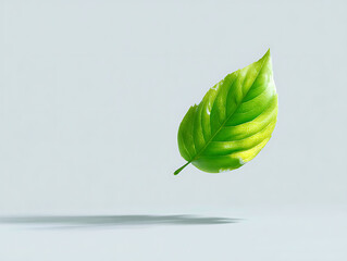 A vibrant green leaf floats gracefully against a serene, light background, casting a soft shadow, symbolizing nature's delicate beauty.
