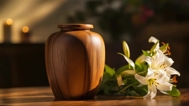 Wooden urn with lilies on table in sunlit room.  Peaceful scene with wooden cremation urn and white lilies.  Sunlit memorial setting with urn and flowers for sympathy cards or funeral announcements.