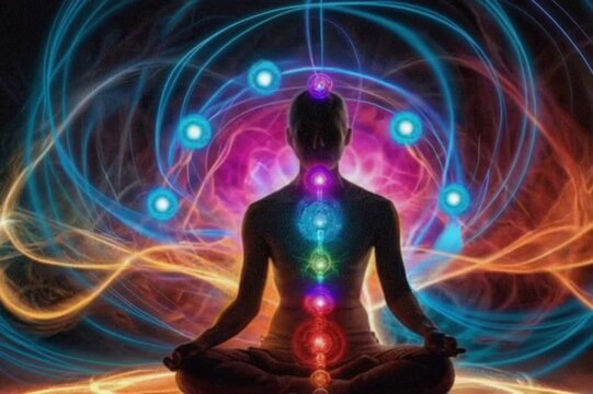 Silhouette meditating with glowing chakra points aligned along the spine, surrounded by energy waves. Spiritual healing and inner balance concept
