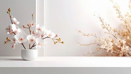 Elegant white orchids in minimalist vase modern interior floral arrangement bright environment close-up view serenity and beauty