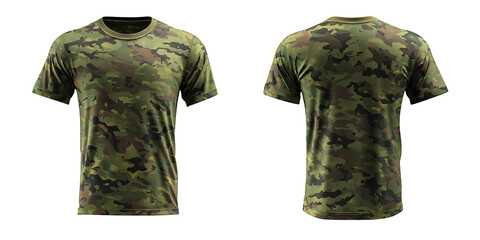 Camouflage TShirt Mockup: Front and Back View of a Green and Brown Camo Patterned Tee Shirt for Military, Hunting, or Outdoor Apparel Design