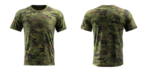 Camouflage TShirt Mockup: Front and Back View of a Green and Brown Camo Patterned Tee Shirt for Military, Hunting, or Outdoor Apparel Design