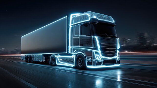An advanced, glowing neon truck design illustrates the blend of technology and speed in modern freight movement.
