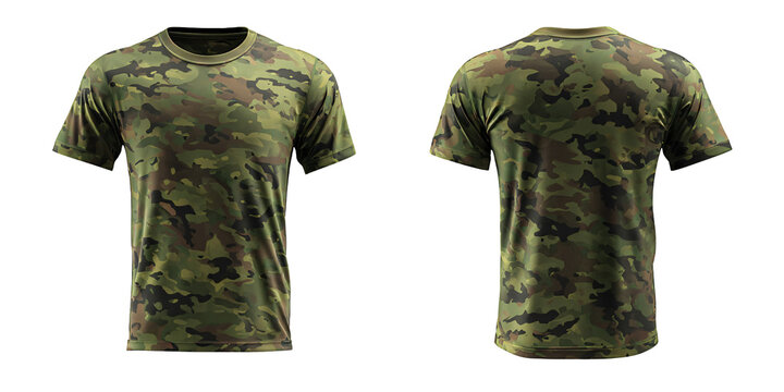 Camouflage TShirt Mockup: Front and Back View of a Green and Brown Camo Patterned Tee Shirt for Military, Hunting, or Outdoor Apparel Design