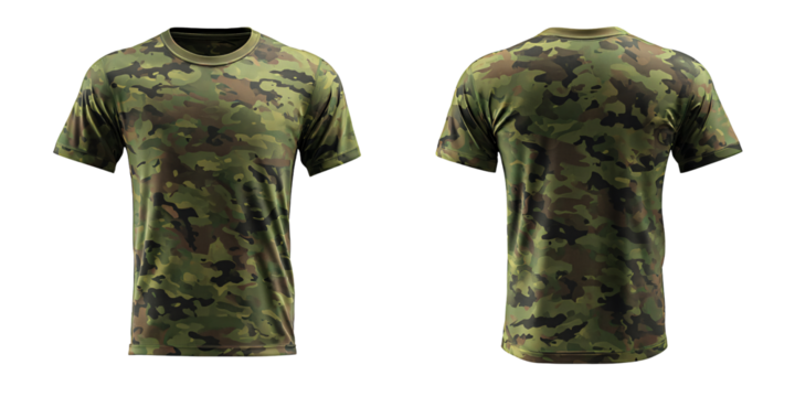 Camouflage TShirt Mockup: Front and Back View of a Green and Brown Camo Patterned Tee Shirt for Military, Hunting, or Outdoor Apparel Design