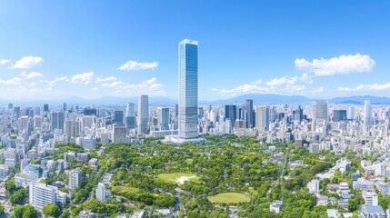 Naklejka premium Panoramic View of Osaka City Skyline, Japan: Modern Architecture and Lush Greenery