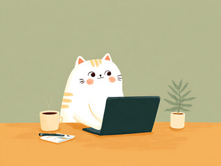 Cute cat working on laptop with coffee and plant on desk, cozy and warm illustration.