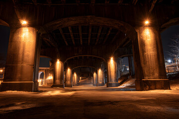 Dark and empty urban city lot under a vintage railway bridge at night