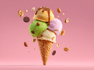 A vibrant ice cream cone with multiple flavors and toppings against a pink background.