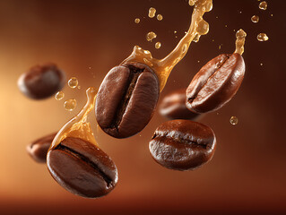 Coffee beans levitating with splash, creating an inviting and aromatic atmosphere, perfect for coffee lovers.