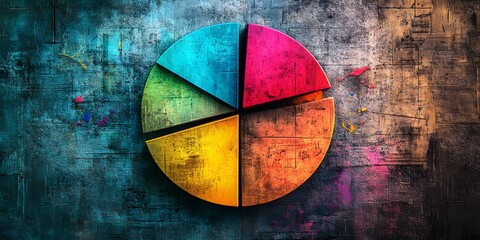 Colorful pie chart with textured segments on a textured dark gray and blue background art piece